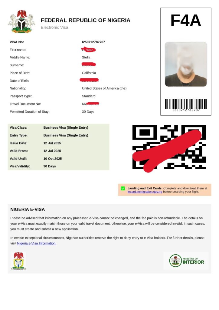sample Nigeria business e-visa